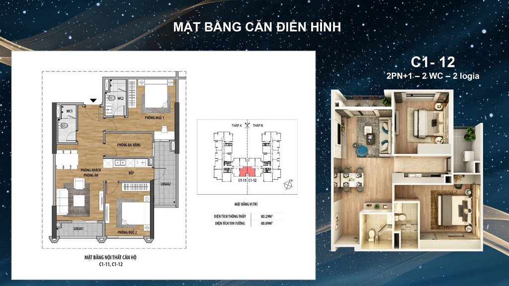 thiết kế chung cư Moonligt 2 phòng ngủ